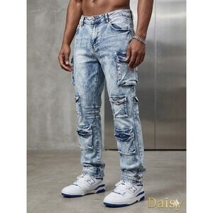 Daisy Mens Light Acid Wash Multi Pocket Stacked Cargo Denim Jeans DP2001X 1X